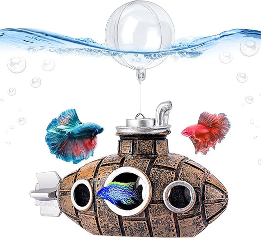 Floating Fish Tank Decoration, Little Cute Retro Submarine Aquarium Decoration with Two Float Balls, Resinous Fish Tank Accessorie, Safe Fish Toy for Betta Cichlid Goldfish Shrimps Hermit Crabs SARDVISA