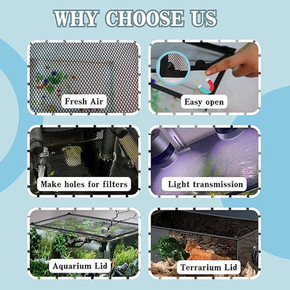 DIY Fish Tank Lid Aquarium Cover with Fresh Air Netting to Prevent Fish from Jumping Out of The Tank and Reptile Pet from Escaping, Adjustable Size Fit Tank Size Max 37''X18'' MLEJU