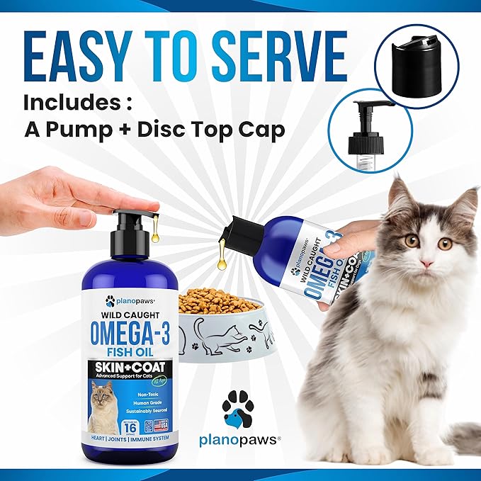 Omega 3 Fish Oil for Cats - Better Than Salmon Oil for Cats - Kitten + Cat Vitamins and Supplements - Cat Health Supplies - Cat Dandruff Treatment - Liquid Fish Oil for Pets - Cat Shedding Products planopaws