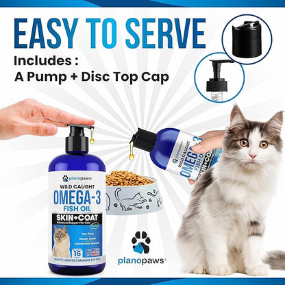 Omega 3 Fish Oil for Cats - Better Than Salmon Oil for Cats - Kitten + Cat Vitamins and Supplements - Cat Health Supplies - Cat Dandruff Treatment - Liquid Fish Oil for Pets - Cat Shedding Products planopaws