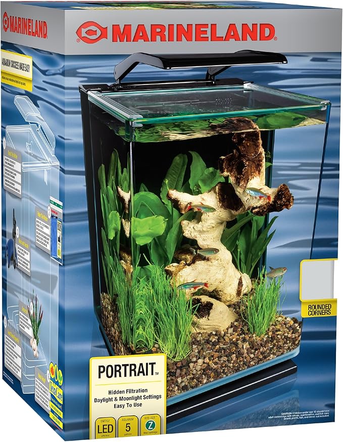 Marineland Portrait Glass LED Aquarium Kit, 5 Gallons, Hidden Filtration,Black Marineland