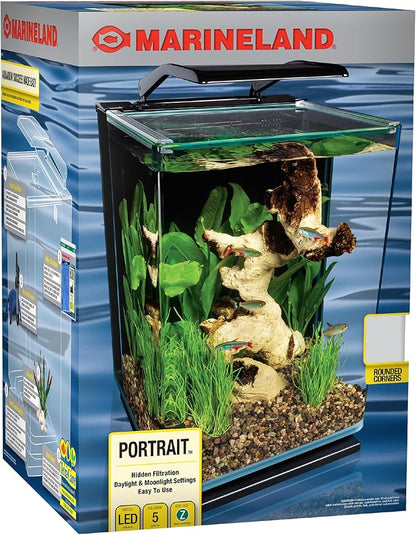 Marineland Portrait Glass LED Aquarium Kit, 5 Gallons, Hidden Filtration,Black Marineland