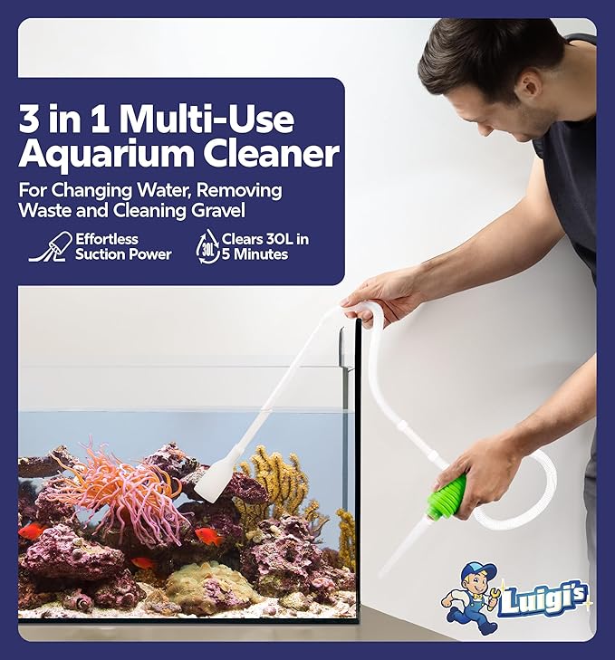 Luigi's Fish Tank Cleaner - Gravel Pump Vacuum for Aquarium - Hand Siphon Hose to Remove and Change Water or Sand in Minutes - Fish Aquarium Accessories, Supplies & Cleaning Tools Luigis