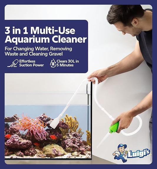 Luigi's Fish Tank Cleaner - Gravel Pump Vacuum for Aquarium - Hand Siphon Hose to Remove and Change Water or Sand in Minutes - Fish Aquarium Accessories, Supplies & Cleaning Tools Luigis
