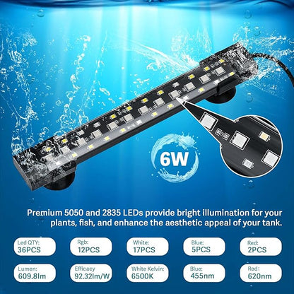 hygger 24/7 Mode Submersible Aquarium LED Light, Full Spectrum Hidden Fish Tank Light with 3 Rows Beads 7 Colors Auto On Off Sunrise-Daylight-Moonlight, Adjustable Timer Brightness 6W hygger