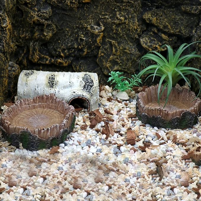 Reptile Water Dish Food Bowls, 2 Pcs Artificial Tree Trunk Reptile Tank Decor Bowl for Leopard Gecko Lizard Spider Scorpion Hermit Crabs relaqcc