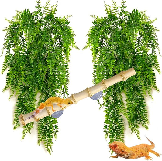 kathson Reptile Plants Hanging Plastic Fake Climbing Terrarium Plant Decor Bearded Dragons Corner Branch Habitat Decorations for Amphibian Lizards Crested Gecko Snake Hermit Crab Frogs (Bamboo) 3Pcs kathson