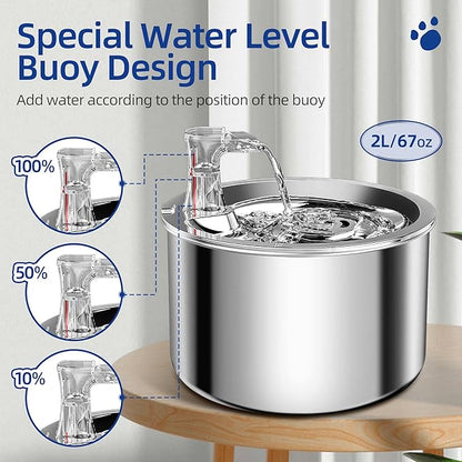 Cat Water Fountain, Stainless Steel Inside Ultra-Quiet Pump, 2L/67oz Automatic Dog Dispenser Water Bowl, Multiple Pets Water Fountain - PAWPICO