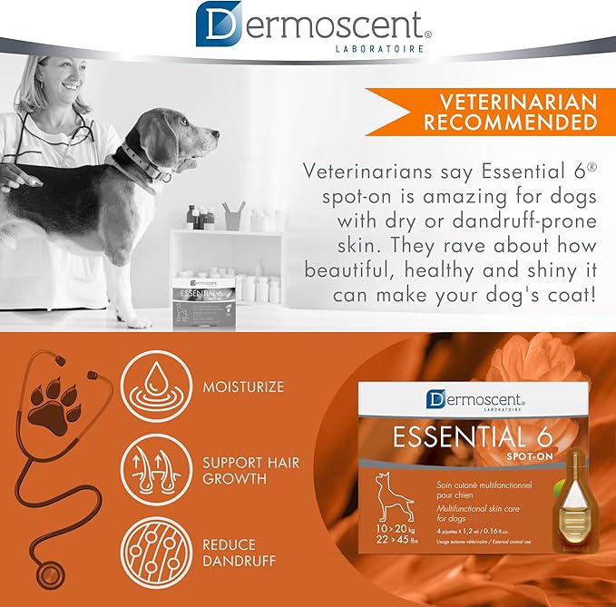 Dermoscent Essential 6 spot-on - Dog Skin Care for Dandruff & Allergy Relief with Vitamin E Oil - Anti Itch for Dogs - Natural Ingredients for Sensitive Skin - Dogs 10-20 kg - 4 Pipettes of 1.2 ml Dermoscent