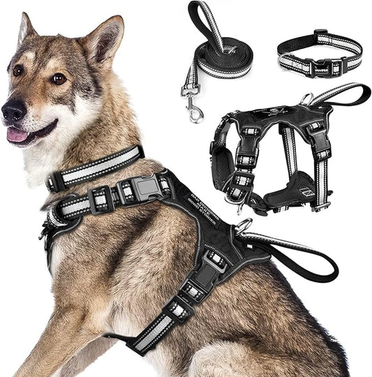 WINSEE Pet Harness Collar and Leash Set, All-in-one Reflective Dog Harness No Pull with Adjustable Buckles for Puppies, Small, Medium, Large, and Extra-Large Dogs (X-Large, Black) - PAWPICO