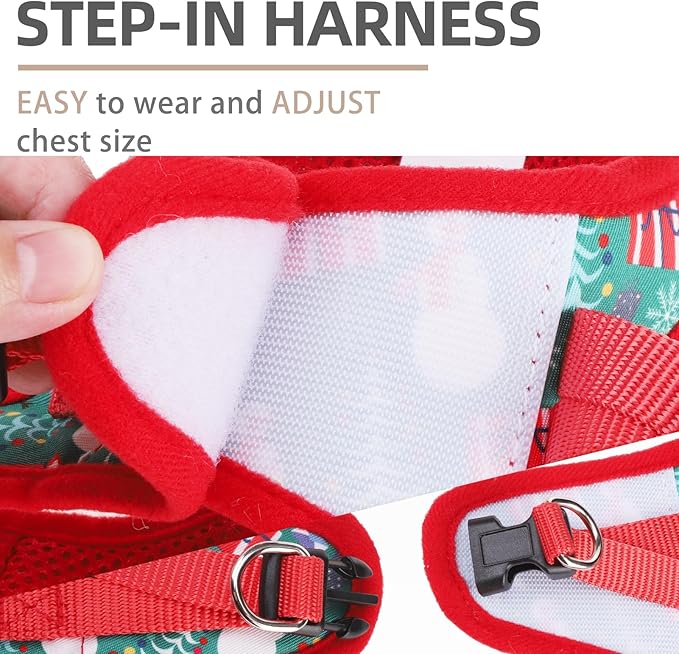 PUPTECK Adjustable Dog Harness Collar and Leash Set Step in No Pull Pet Harness for Small Medium Dogs Puppy and Cats Outdoor Walking Running, Soft Mesh Padded Reflective Vest Harnesses, Christmas, M PUPTECK