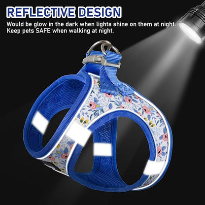 GAMUDA Small Dog Harness Collar and Leash Set, Step in No Chock No Pull Soft Mesh Adjustable Dog Vest Harnesses Plaid Reflective for Dogs Puppy Cats Kitten Rabbit (Blue Flower, L) GAMUDACollarsCollection