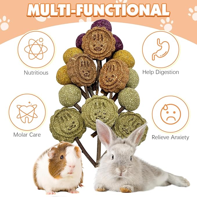 Fhiny Rabbit Chew Toys, 30 PCS Natural Bunny Lollipop Chew Sticks Handmade Guinea Pig Molar Treats for Teeth Small Animals Snacks for Guinea Pig Bunny Chinchilla Hamster Gerbil Teeth Care Fhiny
