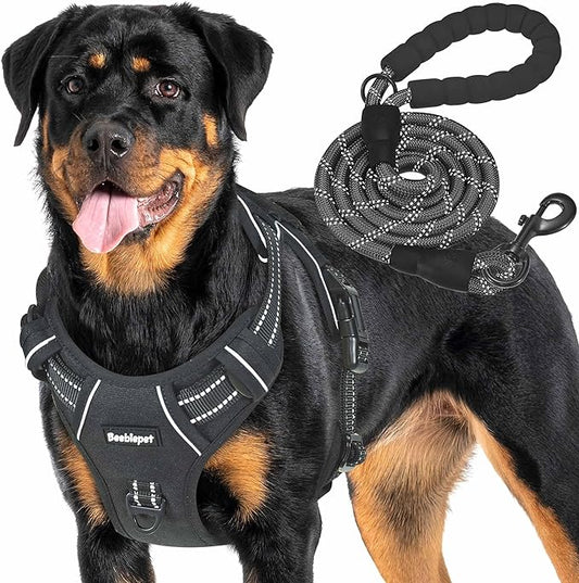 Heavy Duty Tactical Dog Harness for Large Dogs, No Pull Adjustable Pet Harness Reflective Service Training Easy Control Pet Vest Military K9 Working Dog Harnesses-X- Large, Black Beebielove