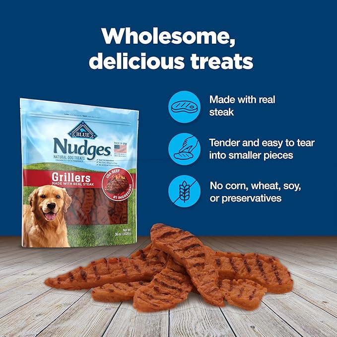 Blue Buffalo Nudges Grillers Natural Dog Treats, Made in the USA with Real Steak, 5-oz Bag - PAWPICO