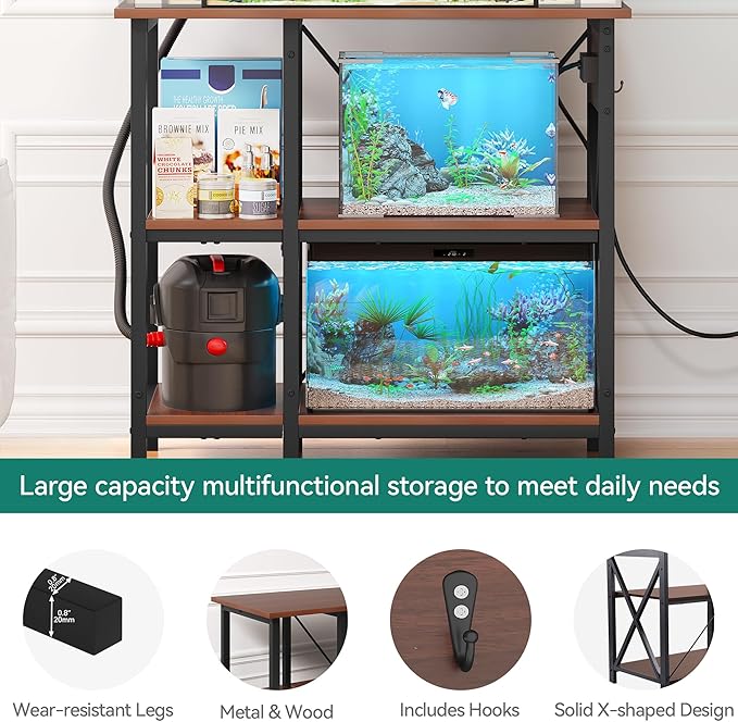 YITAHOME 10-29-37 Gallon Fish Tank Stand with Power Outlet, 30x16 Inch Metal Aquarium Stand with 3-Tier Adjustable Storage Shelves and Hooks, 450LBS Capacity, Rustic Brown YITAHOME