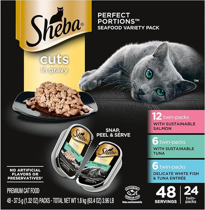 SHEBA Perfect Portions Cuts in Gravy Wet Cat Food Trays (24 Count, 48 Servings), Gourmet Salmon, Sustainable Tuna, And Delicate Whitefish & Tuna Entrée, Easy Peel Twin-Pack Trays - PAWPICO