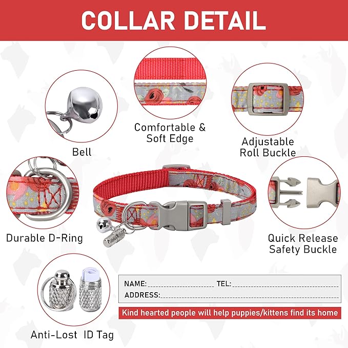 GAMUDA Small Dog Harness Collar and Leash Set, Step in No Chock No Pull Soft Mesh Adjustable Dog Vest Harnesses Plaid Reflective for Dogs Puppy Cats Kitten Rabbit (Red Flower, XXS) GAMUDACollarsCollection