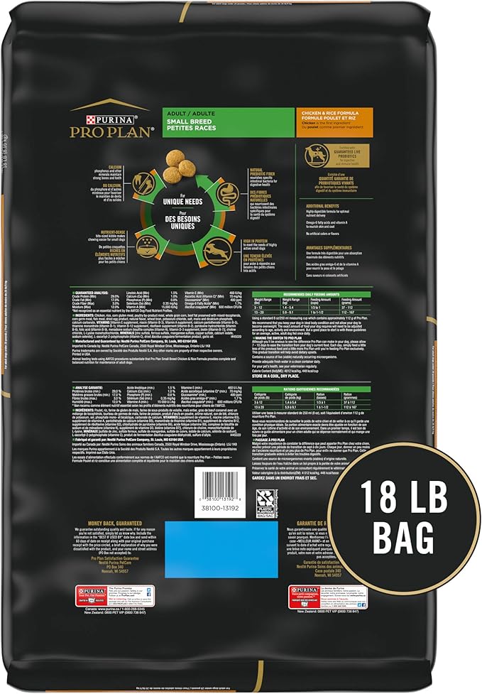 Purina Pro Plan High Protein Small Breed Dog Food, Chicken & Rice Formula - 18 lb. Bag - PAWPICO