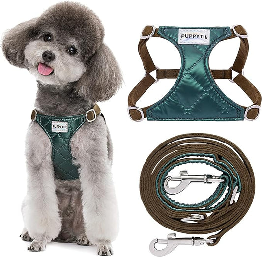 Puppytie No Pull Small Dog Harness with Multifunction Dog Leash,Lightweight Soft Adjustable No Choke Escape Proof Pet Harness Vest Pet Harness Vest,Glossy Dark Green,S Puppytie