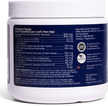 Boost Active Dog Support: Improve Energy, Endurance, Recovery & Longevity- 90ct USA Made with Real Bacon Dogletics