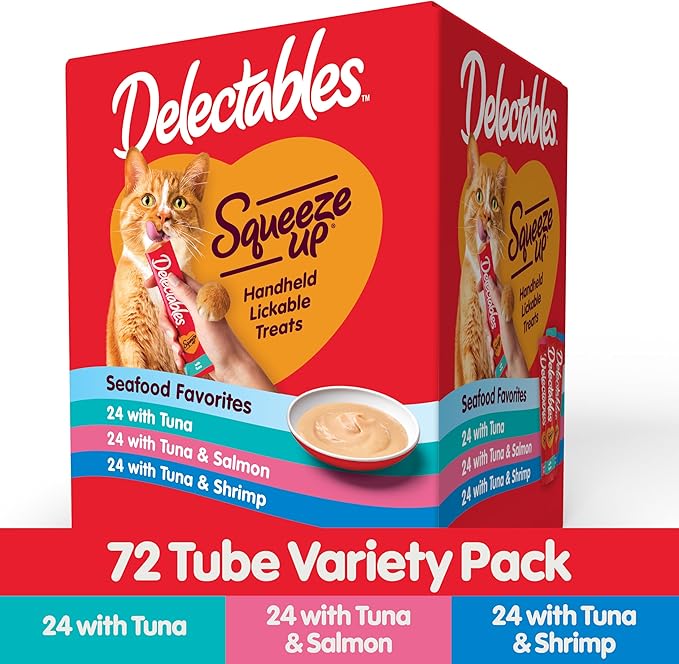 Delectables Squeeze Up Seafood Variety Pack, Creamy Squeezable Puree, Lickable Wet Cat Treats, Grain Free, No Added Fillers, No by-Products, No Added Preservatives, 0.5 Ounces Tube, 72 Tubes Total Hartz