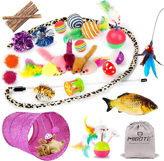 MIBOTE 28Pcs Cat Toys Kitten Toys Assorted, Cat Tunnel Catnip Fish Feather Teaser Wand Fish Fluffy Mouse Mice Balls and Bells Toys for Indoor Cat Puppy Kitty Interactive Cat Toy Set - PAWPICO