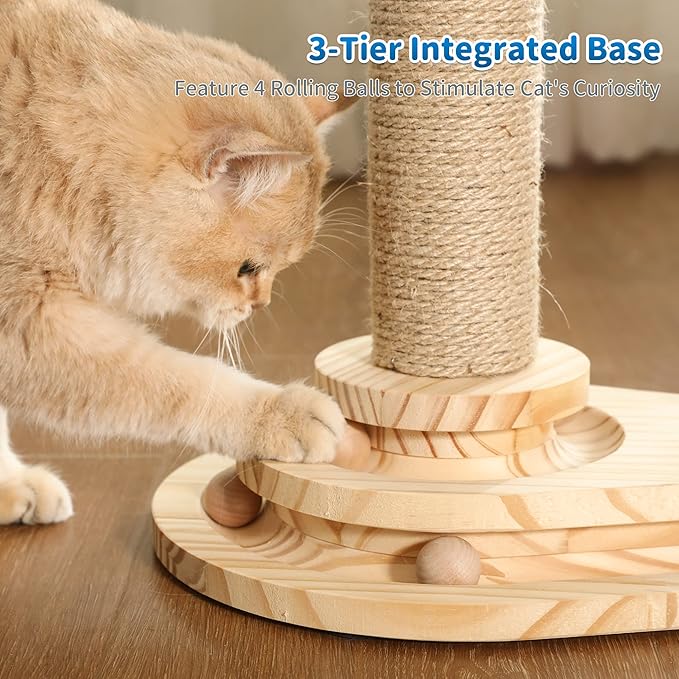 Made4Pets Cat Scratching Post, Cat Self Groomer for Indoor Cats, Cloud Soft Perch for Rest, 17.5" Tall Natural Sisal Scratcher Cat Grooming Interactive Ball Track Toys for Small Cats Kittens - PAWPICO