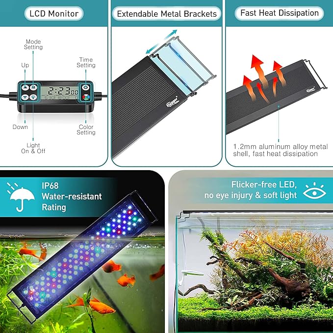 hygger Auto On Off LED Aquarium Light, Full Spectrum Fish Tank Light with LCD Monitor, 24/7 Lighting Cycle, 7 Colors, Adjustable Timer, IP68 Waterproof, 3 Modes for 36"-42" Freshwater Planted Tank hygger