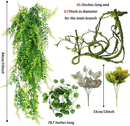 Reptile Plants, Terrarium Hanging Plant Vines Artificial Leaves Reptile Hide, Leopard Gecko Tank Accessories, Terrarium Decorations for Bearded Dragon Lizard Snake Geckos Chameleon PAWPICO