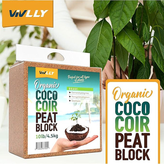 Organic Coco Coir Brick, Natural Seed Starter with Low EC and pH Balance, Enhance Root Growth in Herbs, Flowers, and House Plants, Organic with High Expansion - by Vivlly (10, Pounds) Vivlly