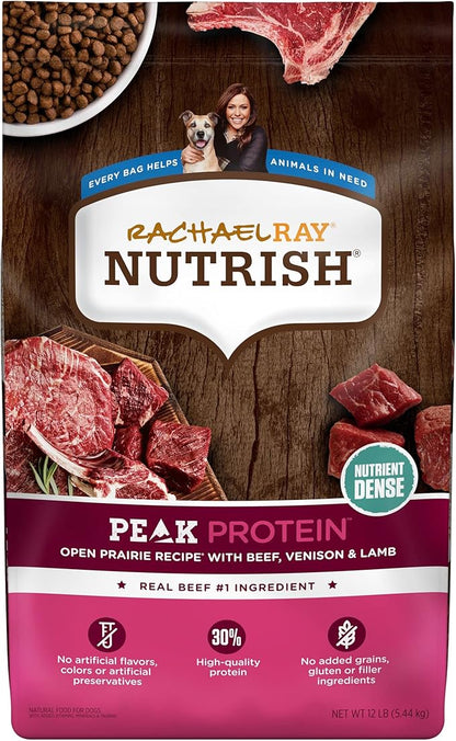 Rachael Ray Nutrish PEAK Natural Dry Dog Food, Open Prairie Recipe with Beef, Venison & Lamb, 12 Pounds, Grain Free (Packaging May Vary) - PAWPICO