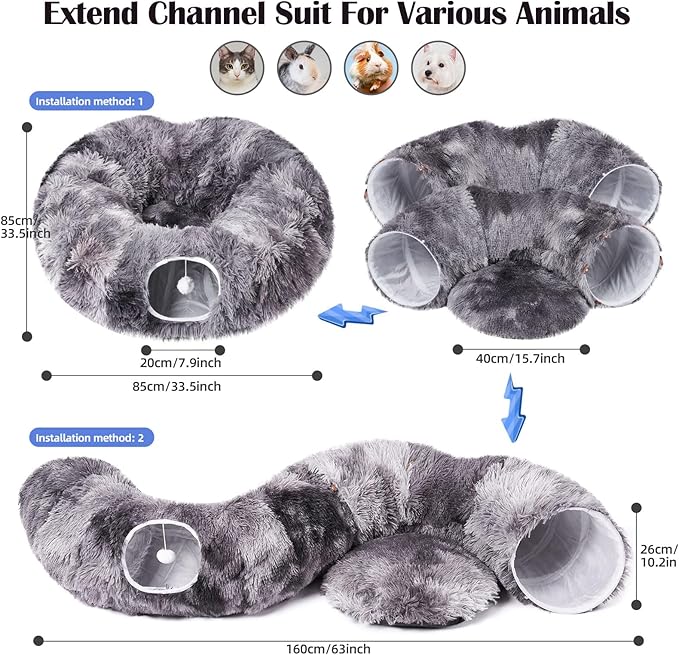 Odoland Cat Tunnels for Indoor Cats with Fluffy Plush Central Cat Couch and 20 Cat Toys, Tunnel Bed for Cats with Hanging Ball, Detachable Soft Mat and Variety Kitty Toy Set, Grey - PAWPICO