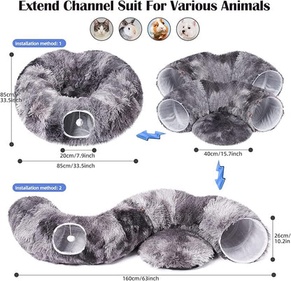 Odoland Cat Tunnels for Indoor Cats with Fluffy Plush Central Cat Couch and 20 Cat Toys, Tunnel Bed for Cats with Hanging Ball, Detachable Soft Mat and Variety Kitty Toy Set, Grey - PAWPICO