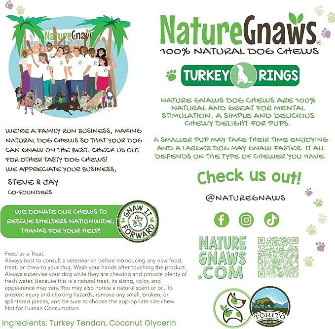 Nature Gnaws USA Turkey Tendon Rings for Dogs (8oz) - Delicious Grain Free Reward Snack for Small, Medium & Large Breeds - Premium Natural Dog Chew Treats - PAWPICO