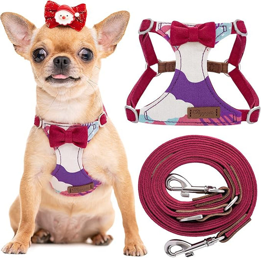 Puppytie No Pull xs Dog Harness with Multifunction Dog Leash,Soft Adjustable No Choke Escape Proof Pet Harness Vest,Suede Bow Wine red,XXS Puppytie
