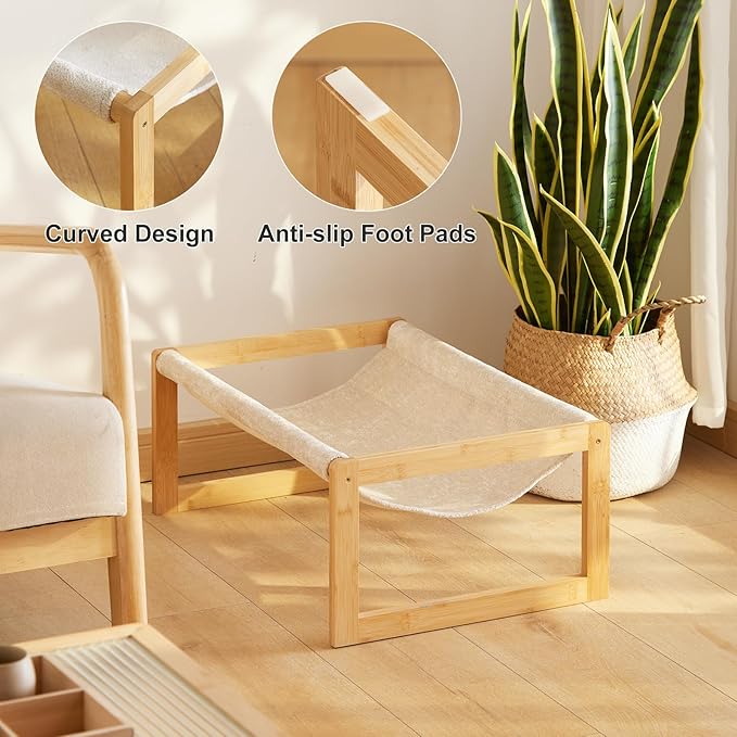 Elevated Cat Bed, Large Cat Hammock Bed, Bamboo Wood Cat Hammock for Outdoor, 25 X 16.5 Inch Elevated Pet Furniture Suitable for Kitty, Puppy, Rabbit, Bunny and Small Animal - PAWPICO