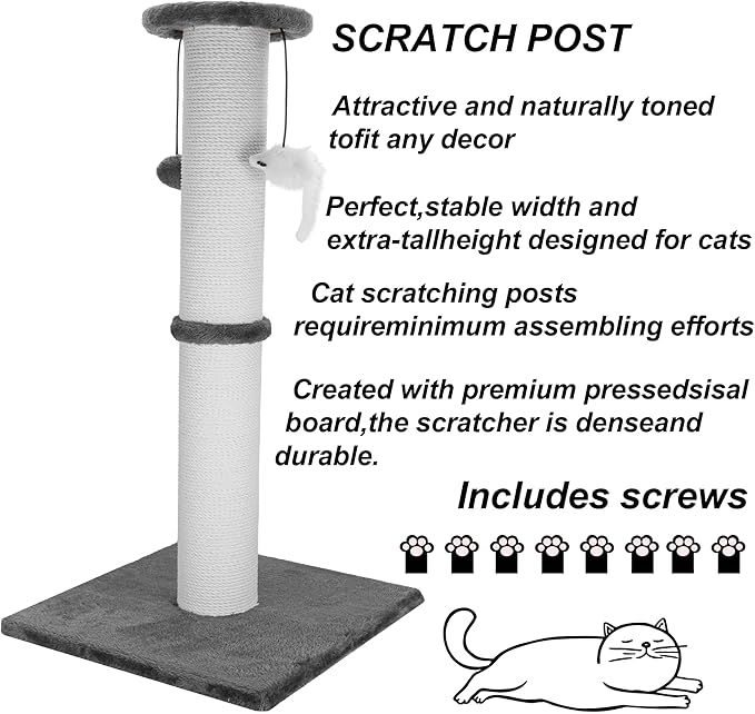 Cat Scratching Post 34 Inches Heavy Duty and Thicker Cat Scratching Post Sisal Rope with Hanging Ball and Mice Scratching Post for Indoor Cats and Adult(Grey) - PAWPICO