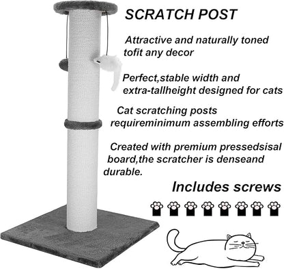 Cat Scratching Post 34 Inches Heavy Duty and Thicker Cat Scratching Post Sisal Rope with Hanging Ball and Mice Scratching Post for Indoor Cats and Adult(Grey) - PAWPICO