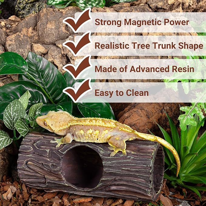REPTIZOO Magnetic Reptile Hide Cave Resin Hollow Tree Trunk Hideout, Gecko Hide with Strong Magnetic Reptile Climbing Toy Reptile Tank Accessories for Crested Gecko,Lizard, Terrarium Decor REPTIZOO