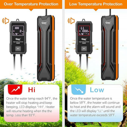 hygger Aquarium Heater 300W/500W/800W/1000W, Submersible Fish Tank Heater with Digital LED Controller and Intelligent Leaving Water Automatically Stop Heating System, for Freshwater and Saltwater hygger