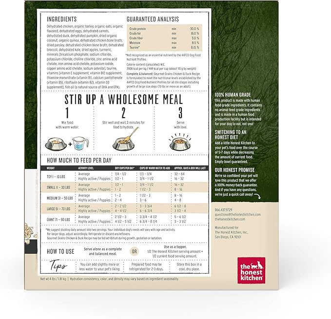 The Honest Kitchen Dehydrated Gourmet Grains Chicken & Duck Dog Food, 4 lb Box - PAWPICO