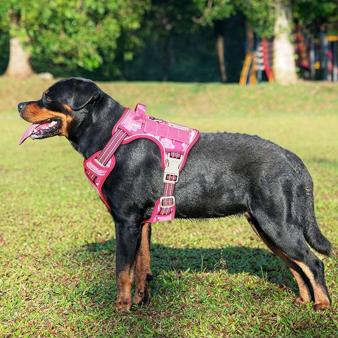 Heavy Duty Tactical Dog Harness for Large Dogs, No Pull Adjustable Pet Harness Reflective Service Training Easy Control Pet Vest Military K9 Working Dog Harnesses- Large, Pink Camo Beebielove