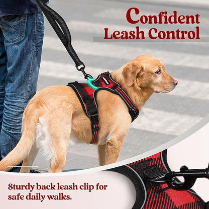 rabbitgoo Dog Harness No Pull with 2 Leash Clips, Adjustable Soft Padded, Reflective Oxford No Choke Pet Vest with Easy Control Handle for Large Dogs, Red Plaid, L rabbitgoo