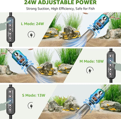 24W Fish Tank Vacuum Gravel Cleaner: Electric Aquarium Vacuum Cleaner with Strong Suction for Automatic Water Change, Remove Dirt Sand Wash Water Shower and Water Circulation, Timed Off Suness