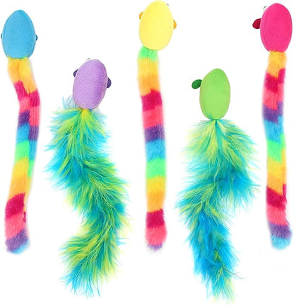 5 Pack Interactive Catnip and Feather Cat Toys, Multi-Colored Mice with Long Feather Tail, Accessories for Indoor Cat, Catnip Plush Toys with Natural Feathers and Rattles - PAWPICO