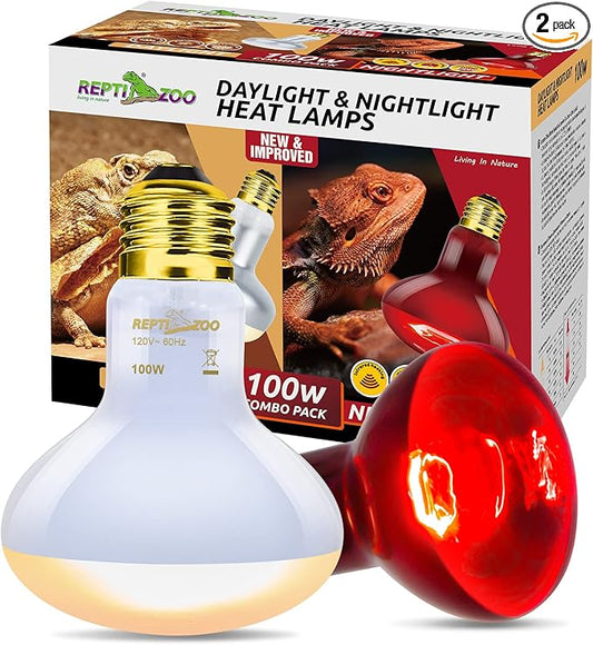REPTI ZOO 100W Reptile Heat Lamp Bulbs Combo, Upgraded 2 Pack Day & Night Basking Spot Light, UVA Daylight Heating Lamp & Infrared Heat Lamp for Reptiles & Amphibians REPTIZOO