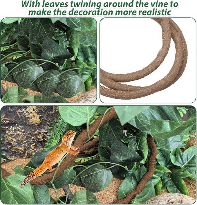 PINVNBY 7 PCS Reptile Plants Vine, Terrarium Hanging Flexible Climbing Artificial Leaves Reptile Hide, Bearded Dragon Tank Accessories, Terrarium Decor for Leopard Gecko Lizard Snake Geckos Chameleon PINVNBY