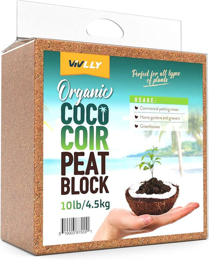 Organic Coco Coir Brick, Natural Seed Starter with Low EC and pH Balance, Enhance Root Growth in Herbs, Flowers, and House Plants, Organic with High Expansion - by Vivlly (10, Pounds) Vivlly