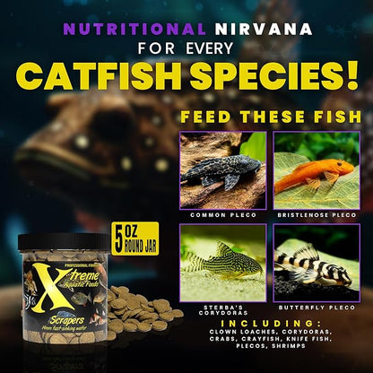 Xtreme Scrapers Wafers - Premium 14mm Fast-Sinking Fish Food – Nutrient & Cellulose Rich Ideal for Nocturnal Feeders, Catfish, Plecostomus Species, and Loaches – USA Farm Grown (5oz) XtremeAquaticFoods
